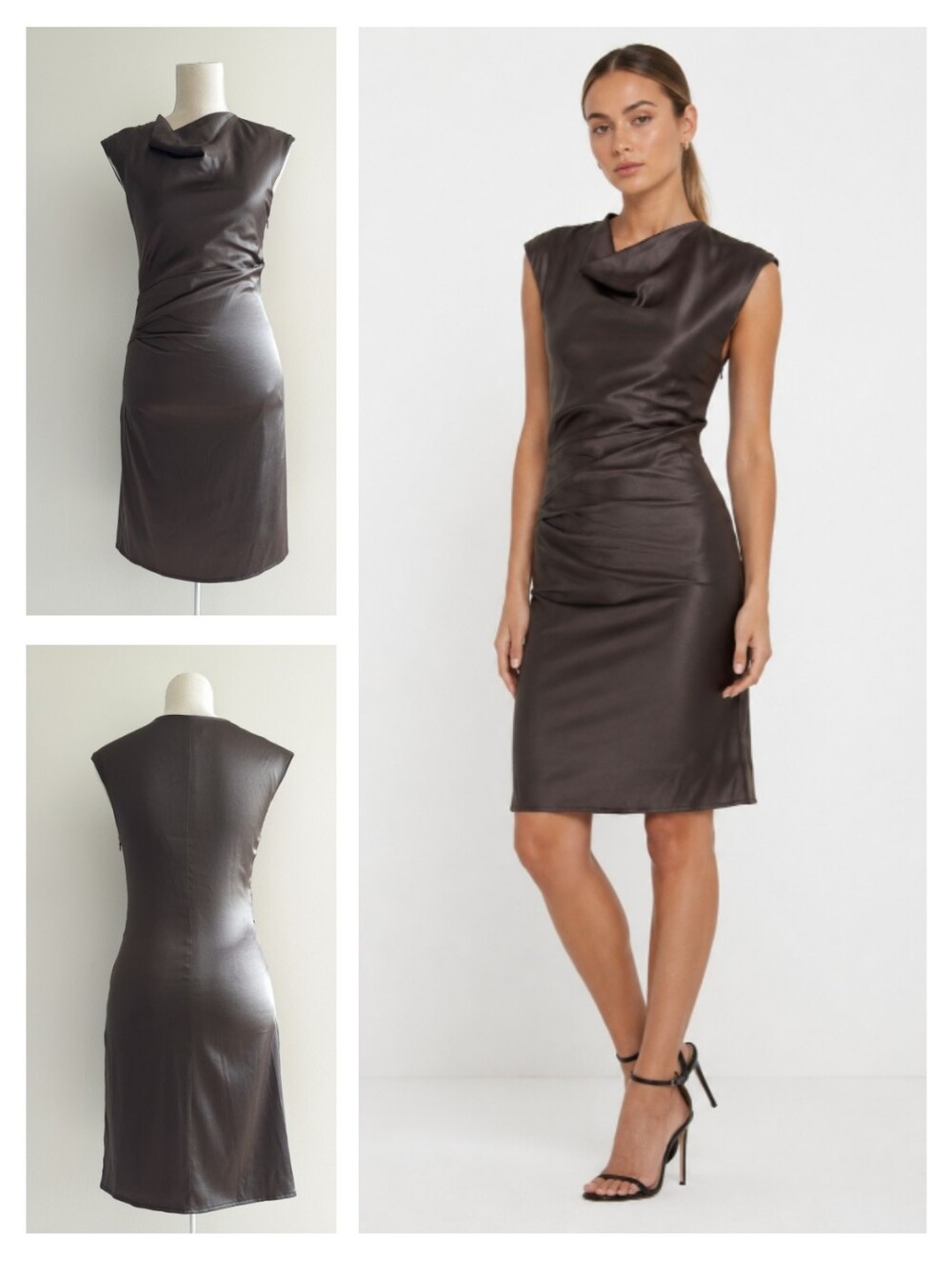 Like New Judith & Charles Sleek Brown Cowl-Neck Sheath Silk Dress